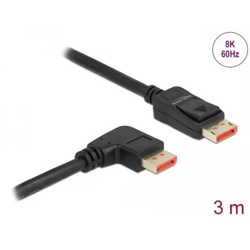Cabo DisplayPort DeLOCK 8K 60 Hz 3 m ficha reta para ficha angular 90°