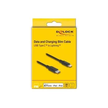 Cabo DELOCK USB-C para Lightning fino 1 m, Lightning ↔ USB-C, 9 V 3 A, 3,3 mm, MFi