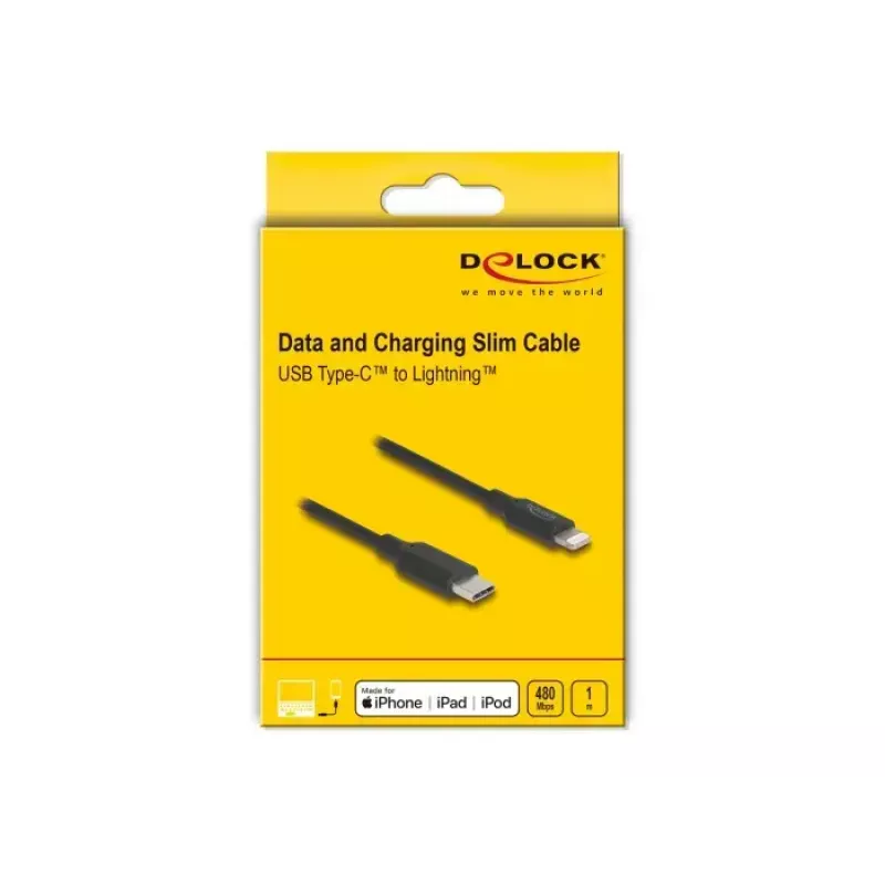 Cabo DELOCK USB-C para Lightning fino 1 m, Lightning ↔ USB-C, 9 V 3 A, 3,3 mm, MFi