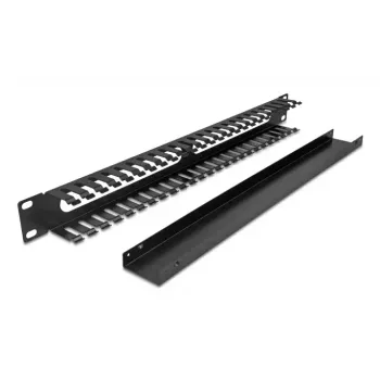 Painel de gestão de cabos DELOCK 19 polegadas 1U metal, 2 aberturas, preto