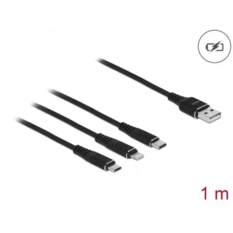 Cabo de carregamento USB DeLOCK 3 em 1 Type-A para Lightning Micro-USB USB Type-C 1 m preto