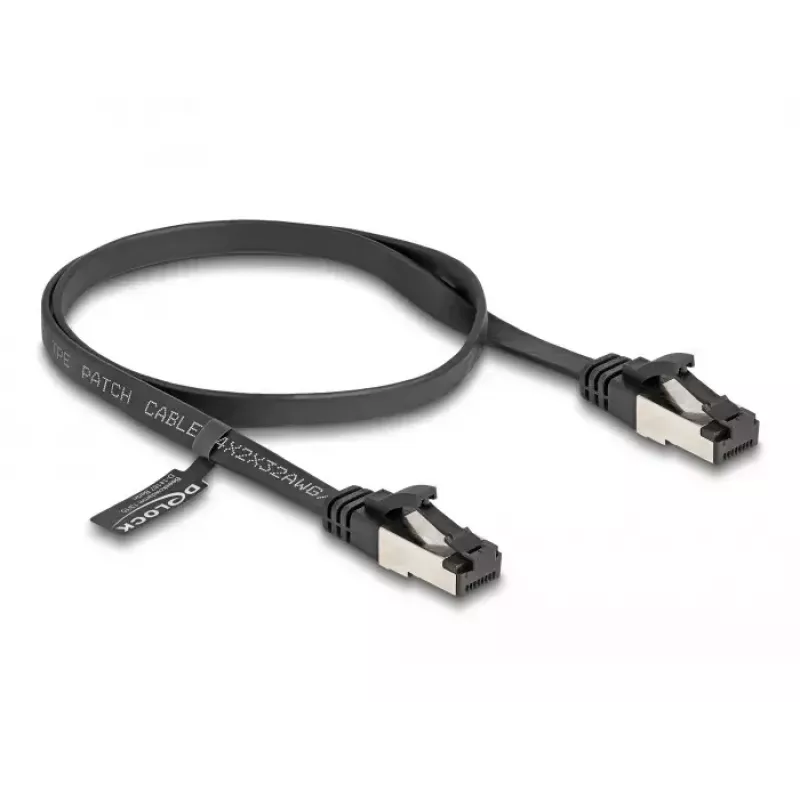 Cabo de rede DeLOCK RJ45 Cabo patch plano macho para macho Cat.8.1 flexível 0,5 m preto