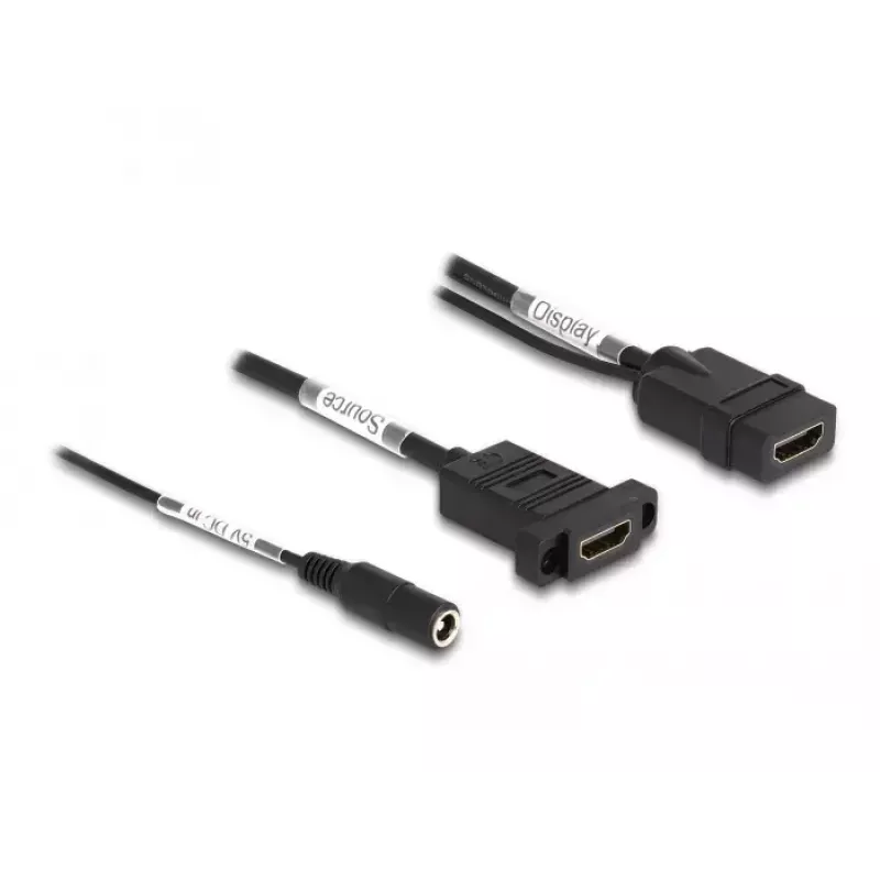 Cabo HDMI DeLOCK 4K 60 Hz com alimentação DC 2,1 x 5,5 mm 0,30 m para montagem em painel