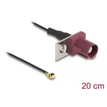 Cabo coaxial DELOCK 90730 — FAKRA D para I-PEX MHF1, 0,2 m, Ø1,13 mm, preto/bordô