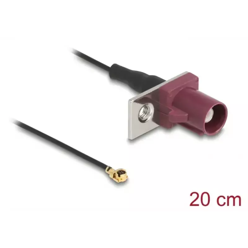 Cabo coaxial DELOCK 90730 — FAKRA D para I-PEX MHF1, 0,2 m, Ø1,13 mm, preto/bordô