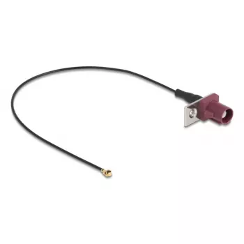 Cabo coaxial DELOCK 90730 — FAKRA D para I-PEX MHF1, 0,2 m, Ø1,13 mm, preto/bordô
