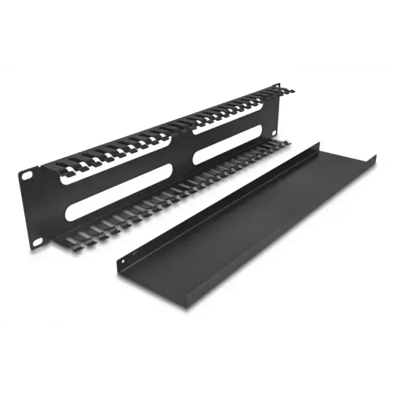Painel de encaminhamento de cabos 19 polegadas 2U DELOCK metal preto com 4 aberturas
