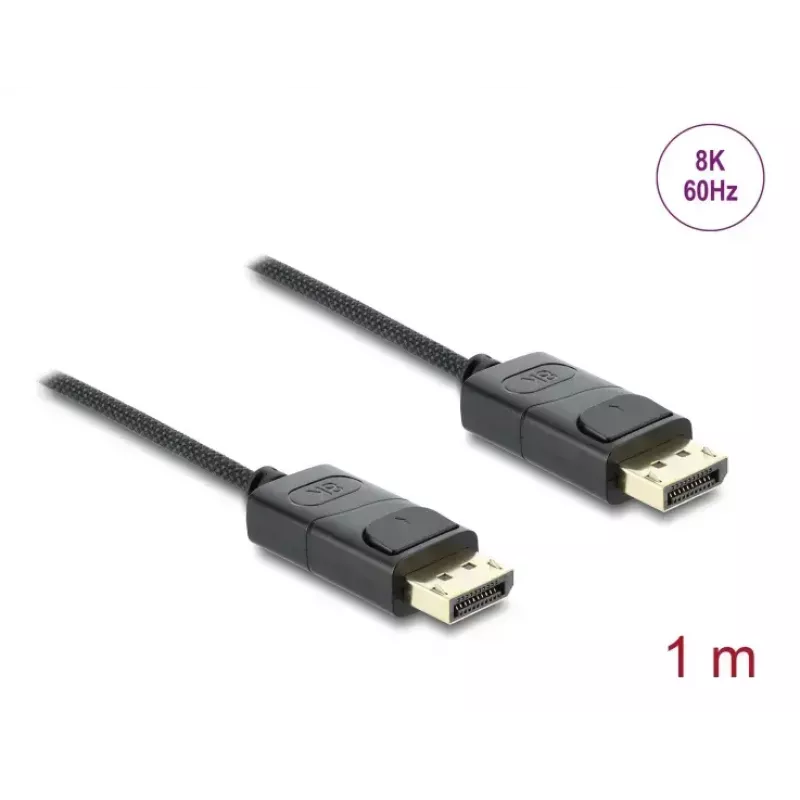 Cabo coaxial DisplayPort DELOCK 8K 60 Hz, DisplayPort–DisplayPort, 1 m, preto, revestimento entrançado