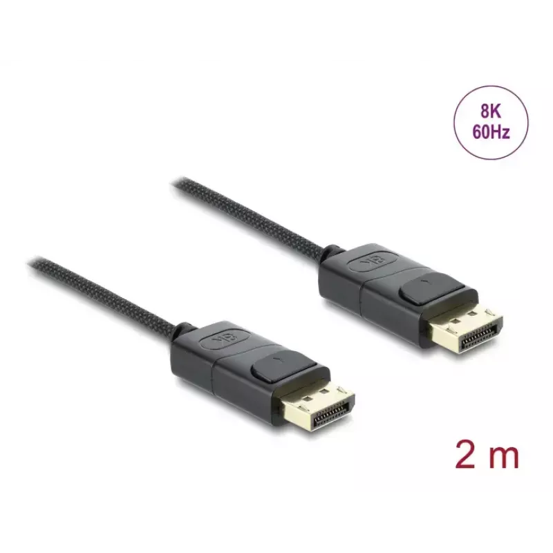 Cabo coaxial DisplayPort DELOCK 8K 60 Hz, DisplayPort para DisplayPort, 2 m, preto, entrançado