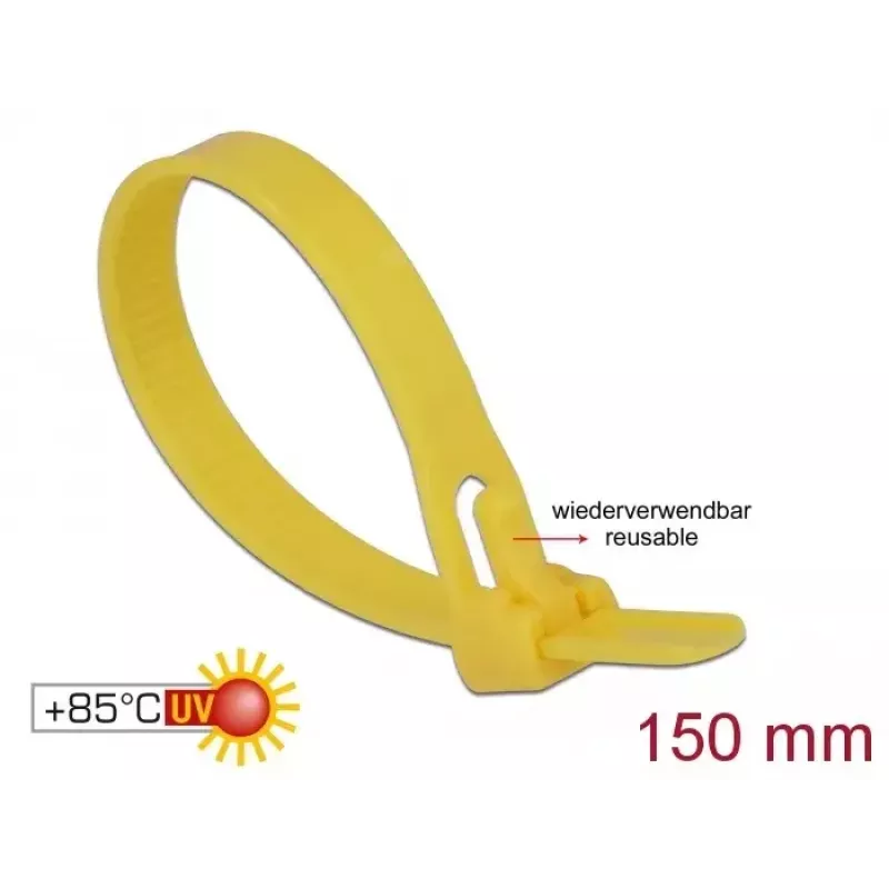 Abraçadeira de cabo reutilizável DELOCK 18760 — nylon, 150×7,5 mm, amarelo, 100 unid.