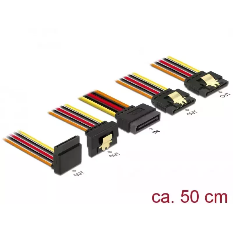 DeLOCK 60149 cabo divisor de alimentação SATA, macho de 15 pinos para 4x fêmea de 15 pinos, com trinco, 0,5 m, preto/amarelo/vermelho/laranja