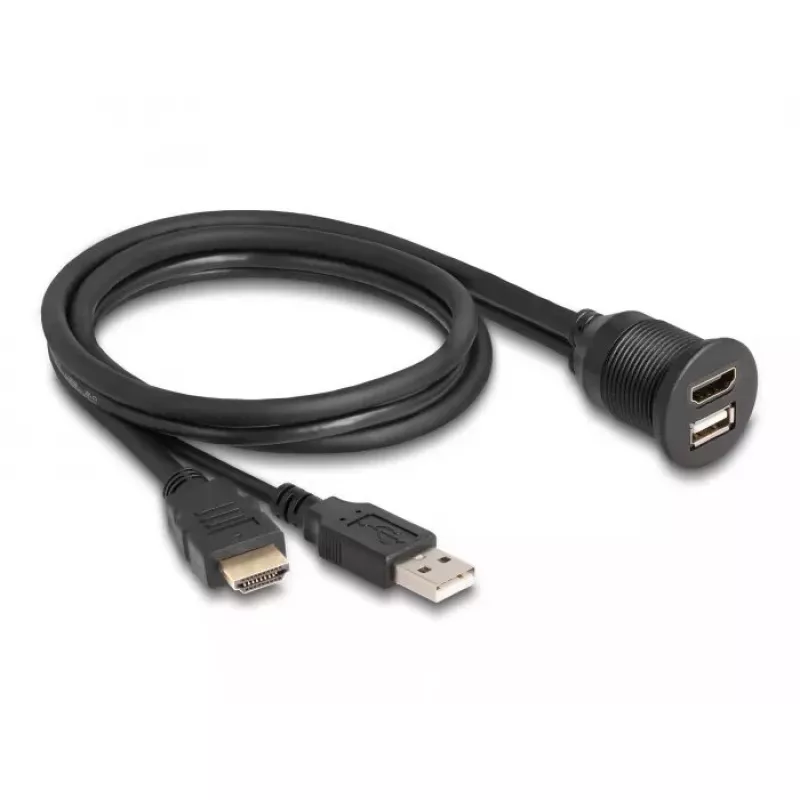 Cabo DeLOCK HDMI-A macho e USB 2.0 Type-A macho para HDMI-A fêmea e USB 2.0 Type-A fêmea à prova de água 1 m