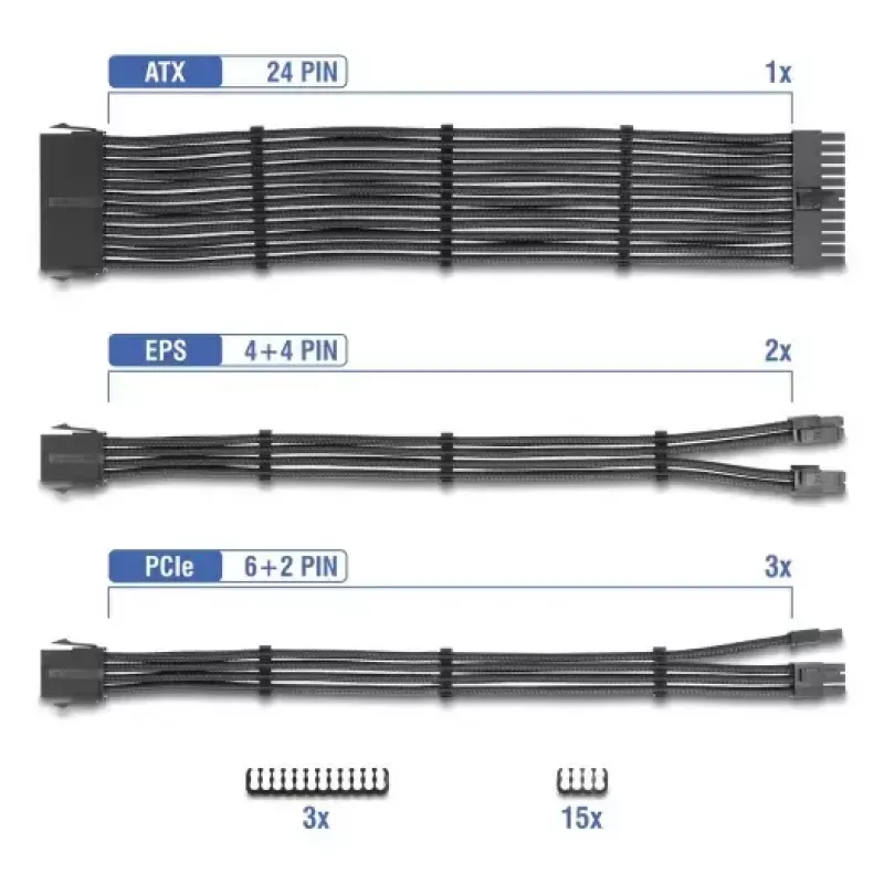 Conjunto de extensão de cabos PSU DELOCK 30 cm, 6 peças com malha (1×24 pinos ATX, 2×4+4 pinos EPS, 3×6+2 pinos PCIe) preto