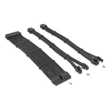 Conjunto de extensão de cabos PSU DELOCK 30 cm, 6 peças com malha (1×24 pinos ATX, 2×4+4 pinos EPS, 3×6+2 pinos PCIe) preto