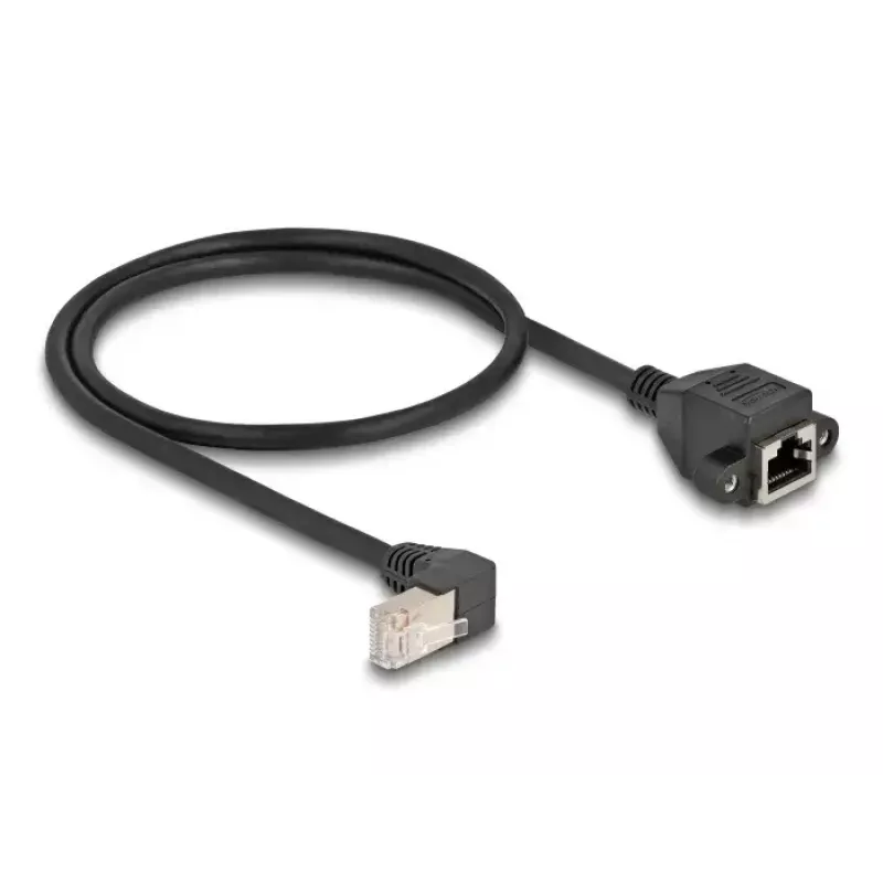 Cabo de extensão de rede DELOCK S/FTP RJ45 90° angular para RJ45 Cat.6A 0,5 m preto