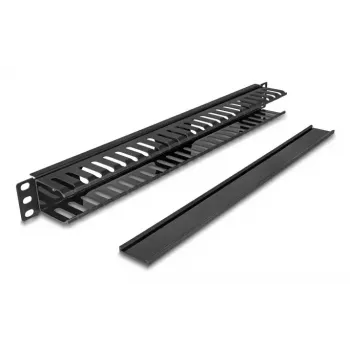 Placa-guia de gestão de cabos DELOCK 19 polegadas 1HE com 2 aberturas, metal/plástico, preto