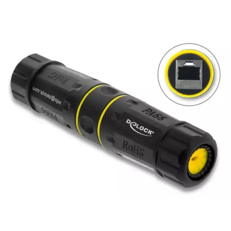 Adaptador de acoplamento DELOCK conector fêmea RJ45 a conector fêmea RJ45 com rosca M23, Cat.6a/Cat.7, IP68, preto