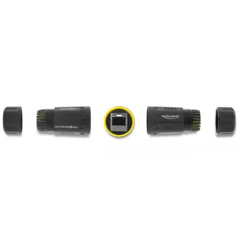 Adaptador de acoplamento DELOCK conector fêmea RJ45 a conector fêmea RJ45 com rosca M23, Cat.6a/Cat.7, IP68, preto