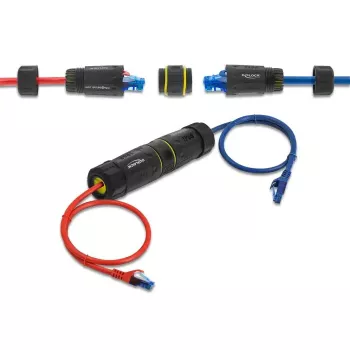 Adaptador de acoplamento DELOCK conector fêmea RJ45 a conector fêmea RJ45 com rosca M23, Cat.6a/Cat.7, IP68, preto