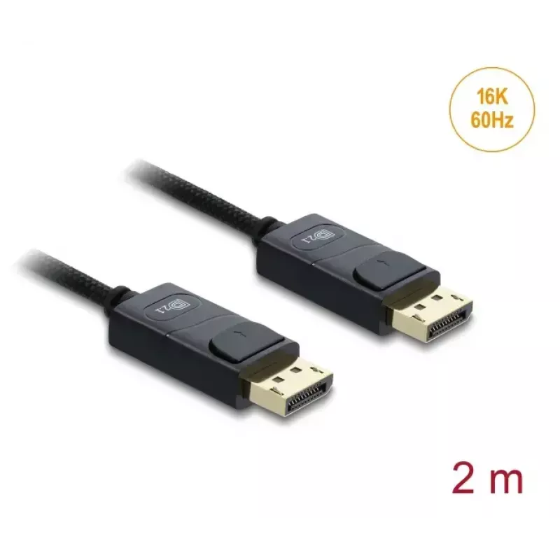 Cabo coaxial DisplayPort DELOCK 16K 60 Hz 80 Gbps, DisplayPort para DisplayPort, 2 m, preto, revestimento entrançado