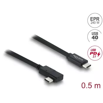 Cabo coaxial DELOCK USB4 Gen 3x2 em ângulo esquerda/direita USB-C para USB-C 40 Gbit/s USB PD 3.1 240 W 0,5 m