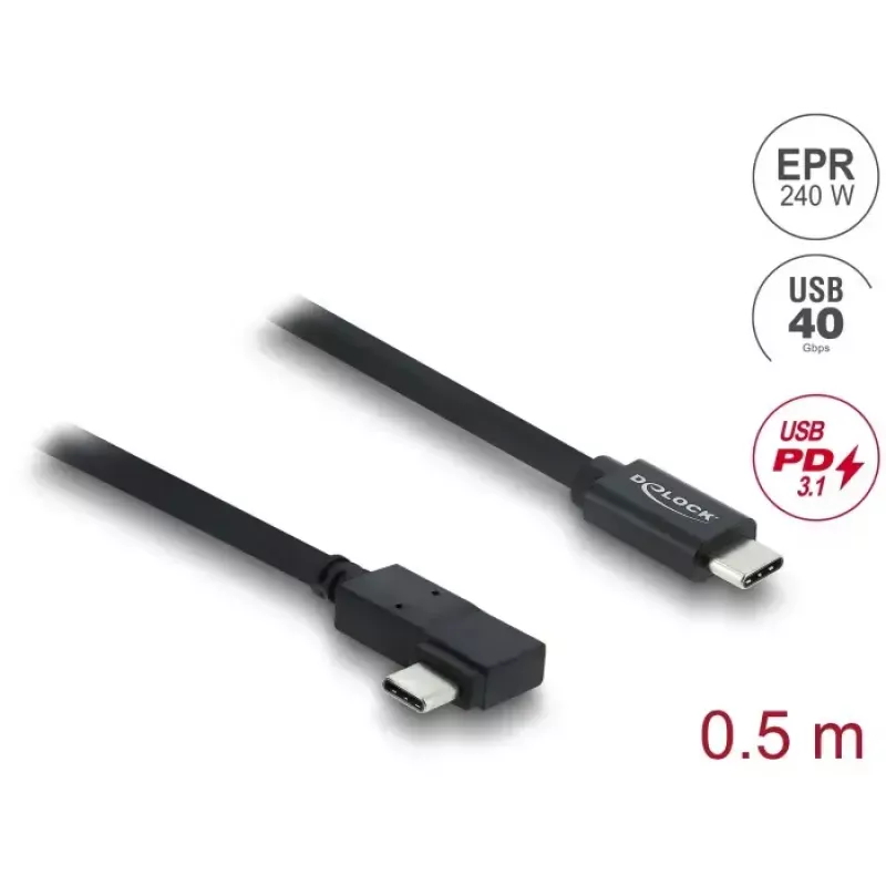 Cabo coaxial DELOCK USB4 Gen 3x2 em ângulo esquerda/direita USB-C para USB-C 40 Gbit/s USB PD 3.1 240 W 0,5 m