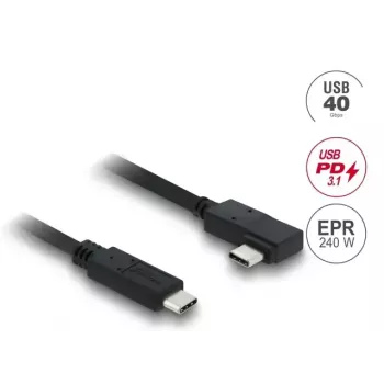 Cabo coaxial DELOCK USB4 Gen 3x2 USB-C para USB-C 40 Gbit/s PD 3.1 240 W em ângulo esquerda/direita 1 m