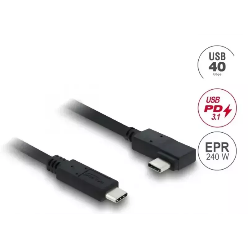 Cabo coaxial DELOCK USB4 Gen 3x2 USB-C para USB-C 40 Gbit/s PD 3.1 240 W em ângulo esquerda/direita 1 m