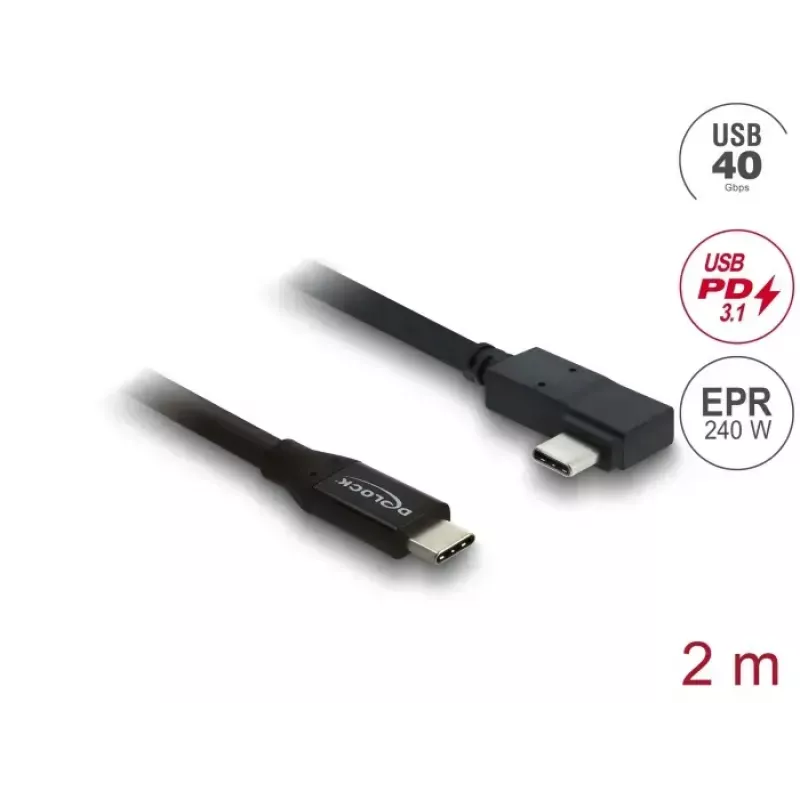 Cabo DELOCK coaxial USB4 Gen 3x2 40 Gbps USB-C para USB-C angular esquerda/direita PD 3.1 240W 2 m