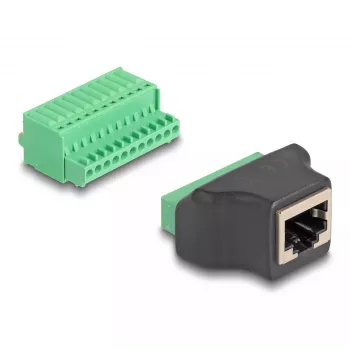 Adaptador DeLOCK RJ50 fêmea para barra de terminais com botão de pressão, barra de terminais de 11 pinos