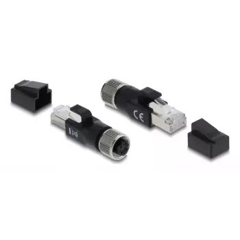 Adaptador M12 codificação D DELOCK 4 pinos conector fêmea para RJ45 macho, contactos dourados, preto