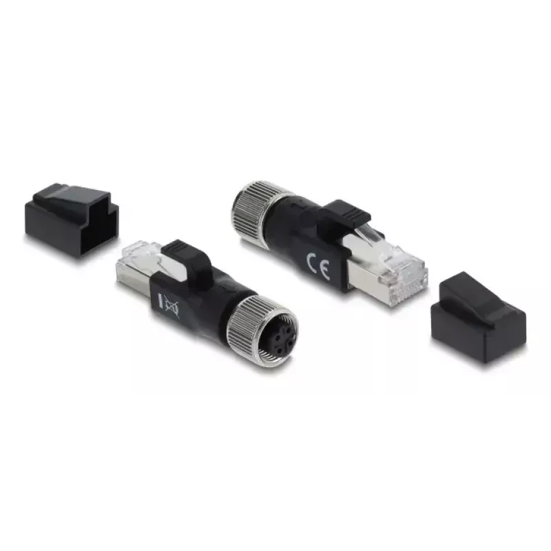 Adaptador M12 codificação D DELOCK 4 pinos conector fêmea para RJ45 macho, contactos dourados, preto