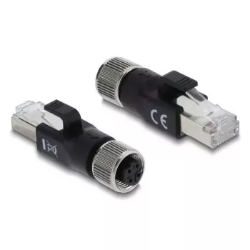 Adaptador M12 codificação D DELOCK 4 pinos conector fêmea para RJ45 macho, contactos dourados, preto