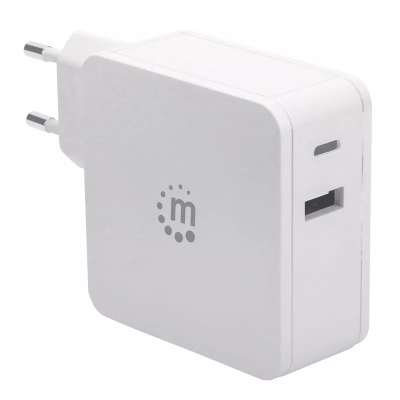 Carregador de parede/fonte de alimentação Manhattan (Euro 2 polos), conectores USB-C e USB-A, saída USB-C: 45W / 3A, saída USB-A: 2,4A, branco, três anos de garantia, caixa
