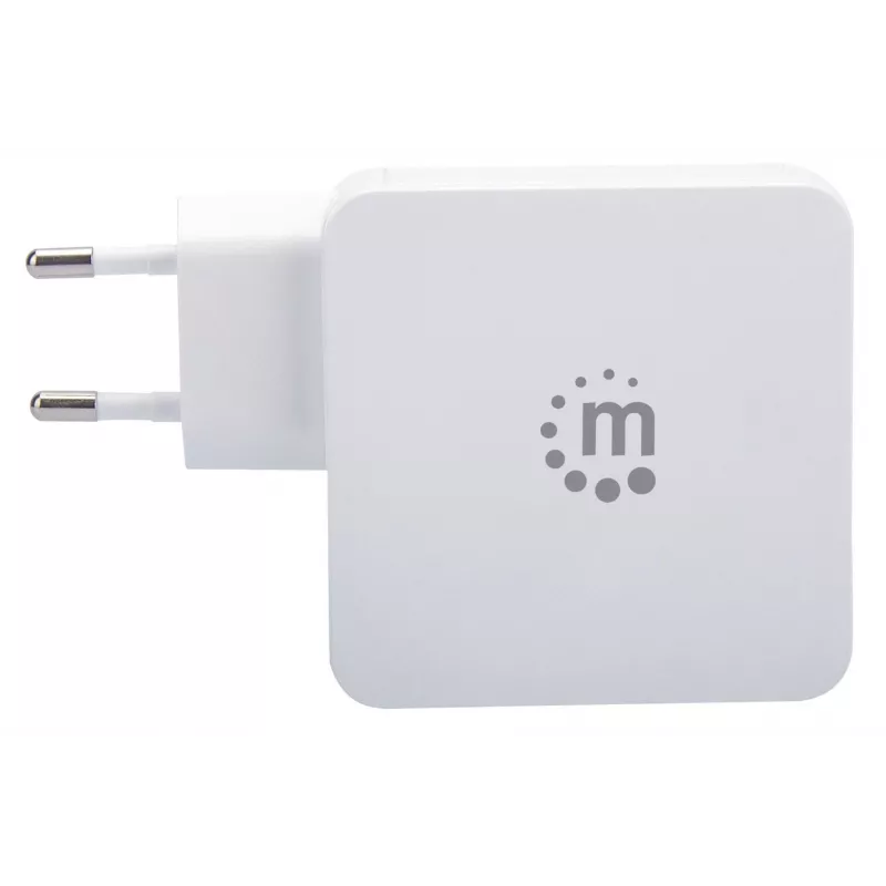 Carregador de parede/fonte de alimentação Manhattan (Euro 2 polos), conectores USB-C e USB-A, saída USB-C: 45W / 3A, saída USB-A: 2,4A, branco, três anos de garantia, caixa