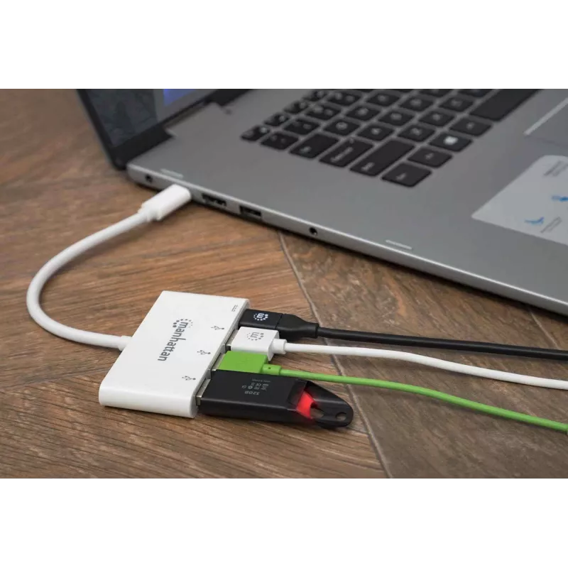 Manhattan 163552 hub USB 3.0, 4 portas (3x USB-A, 1x USB-C), com porta USB-C Power Delivery