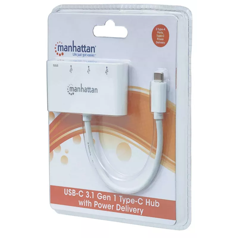 Manhattan 163552 hub USB 3.0, 4 portas (3x USB-A, 1x USB-C), com porta USB-C Power Delivery