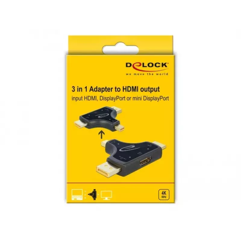 DeLOCK 64059 adaptador de monitor 3 em 1, entrada HDMI / DisplayPort / mini DisplayPort para saída HDMI, 4K 60 Hz, preto
