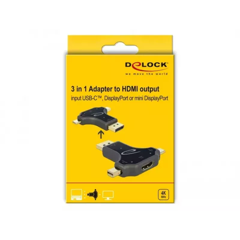 DeLOCK 64060 adaptador de monitor 3 em 1, entrada USB-C / DisplayPort / mini DisplayPort para saída HDMI, 4K 60 Hz, preto