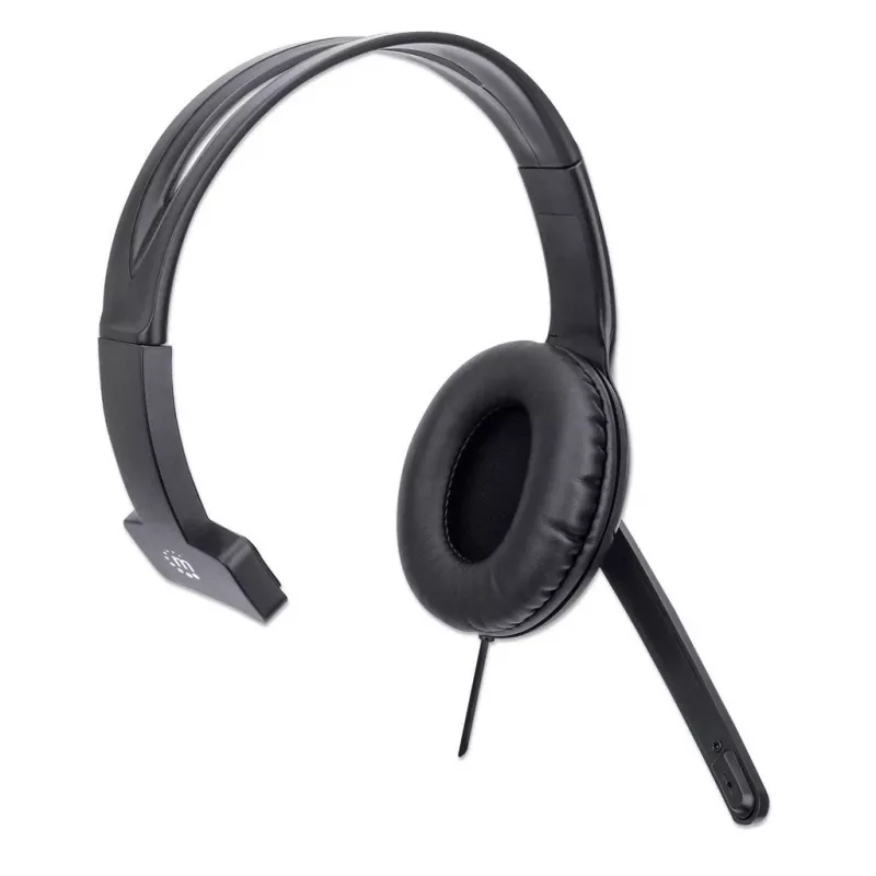 Headset over-ear mono Manhattan (USB), braço do microfone (acolchoado), embalagem de retalho, arco de cabeça ajustável, telecomando no cabo, almofadas auriculares, USB-A para áudio e microfone, cabo 1,5 m, três anos de garantia