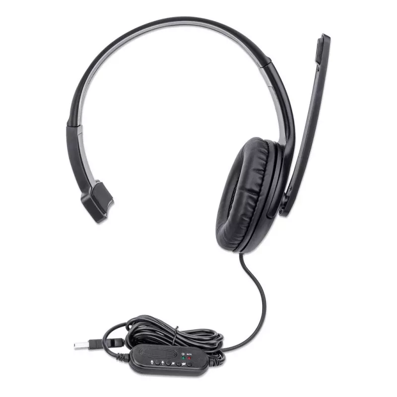 Headset over-ear mono Manhattan (USB), braço do microfone (acolchoado), embalagem de retalho, arco de cabeça ajustável, telecomando no cabo, almofadas auriculares, USB-A para áudio e microfone, cabo 1,5 m, três anos de garantia