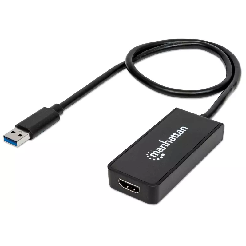 Cabo adaptador Manhattan USB-A para HDMI, 60 cm, ficha para conector fêmea, 5 Gbit/s (USB 3.2 Gen1, também conhecido como USB 3.0), 2560x1440 @ 32 bits de cor, vídeo Full-HD 1080p@16:9, preto, blister