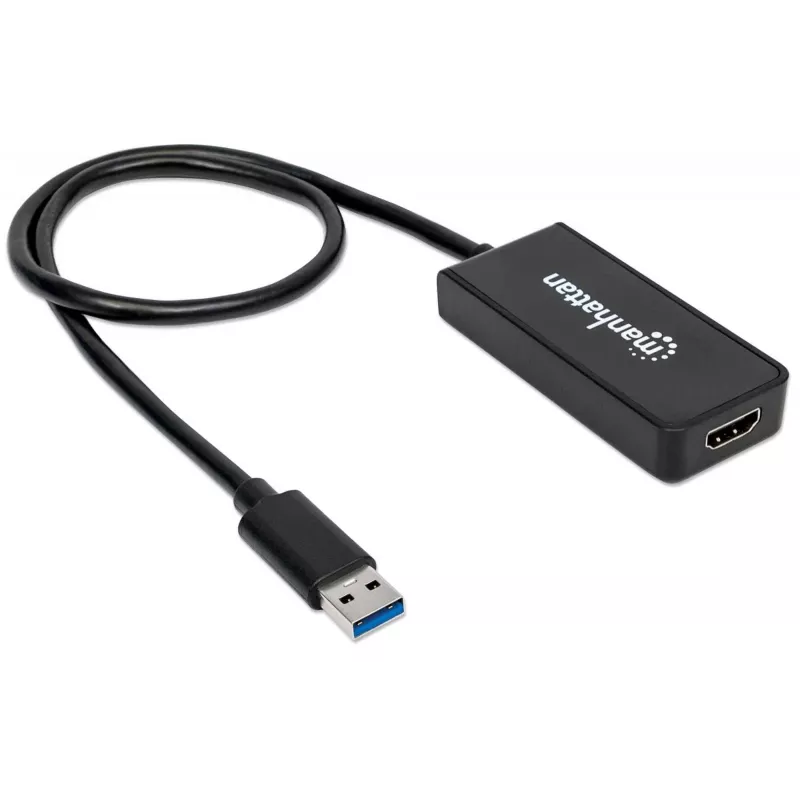 Cabo adaptador Manhattan USB-A para HDMI, 60 cm, ficha para conector fêmea, 5 Gbit/s (USB 3.2 Gen1, também conhecido como USB 3.0), 2560x1440 @ 32 bits de cor, vídeo Full-HD 1080p@16:9, preto, blister