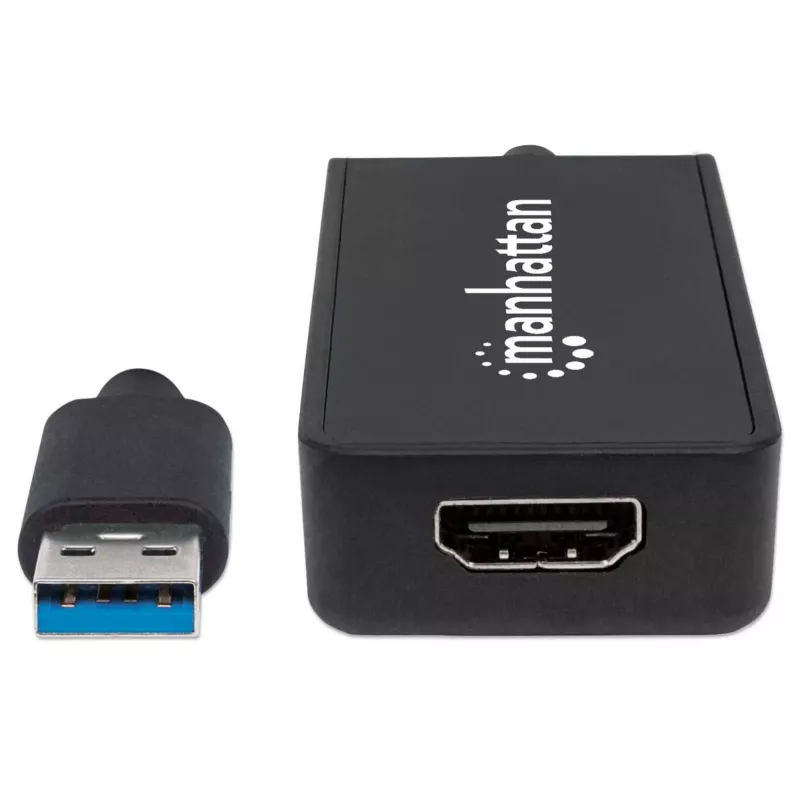 Cabo adaptador Manhattan USB-A para HDMI, 60 cm, ficha para conector fêmea, 5 Gbit/s (USB 3.2 Gen1, também conhecido como USB 3.0), 2560x1440 @ 32 bits de cor, vídeo Full-HD 1080p@16:9, preto, blister