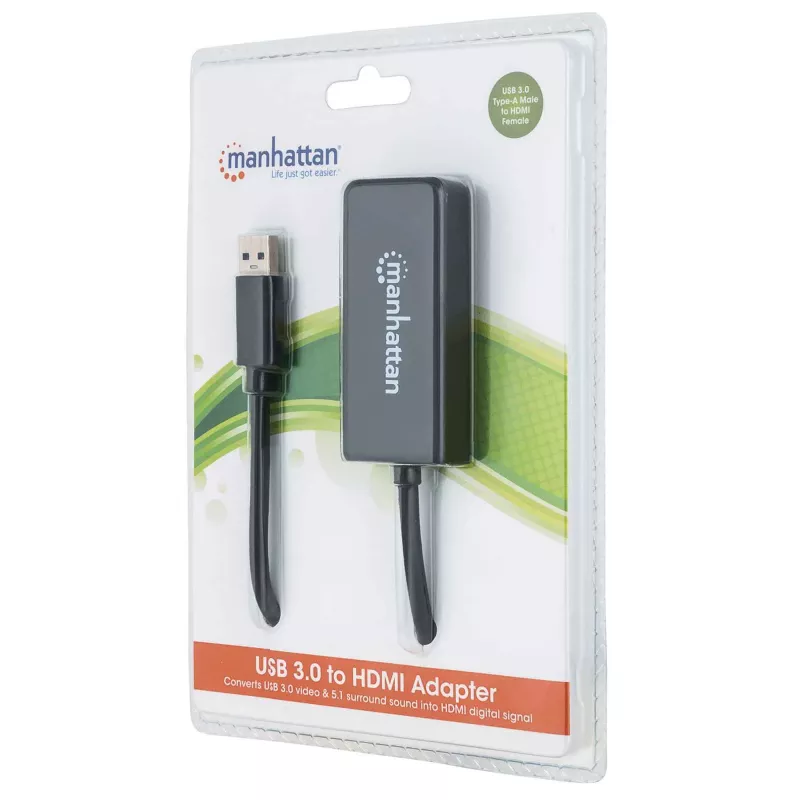 Cabo adaptador Manhattan USB-A para HDMI, 60 cm, ficha para conector fêmea, 5 Gbit/s (USB 3.2 Gen1, também conhecido como USB 3.0), 2560x1440 @ 32 bits de cor, vídeo Full-HD 1080p@16:9, preto, blister