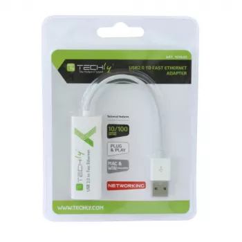 Conversor Techly USB2.0 para Fast Ethernet 10/100 Mbit/s, com fios, USB, Ethernet, 100 Mbit/s, branco