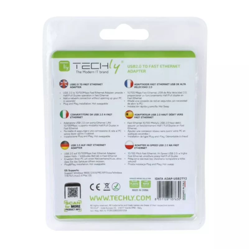 Conversor Techly USB2.0 para Fast Ethernet 10/100 Mbit/s, com fios, USB, Ethernet, 100 Mbit/s, branco