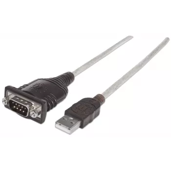 Cabo conversor Manhattan USB-A para série, 45 cm, macho para macho, série/RS232/COM/DB9, chipset Prolific PL-2303HXD, cabo preto/prateado, três anos de garantia
