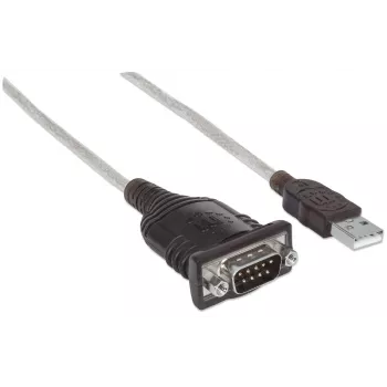 Cabo conversor Manhattan USB-A para série, 45 cm, macho para macho, série/RS232/COM/DB9, chipset Prolific PL-2303HXD, cabo preto/prateado, três anos de garantia