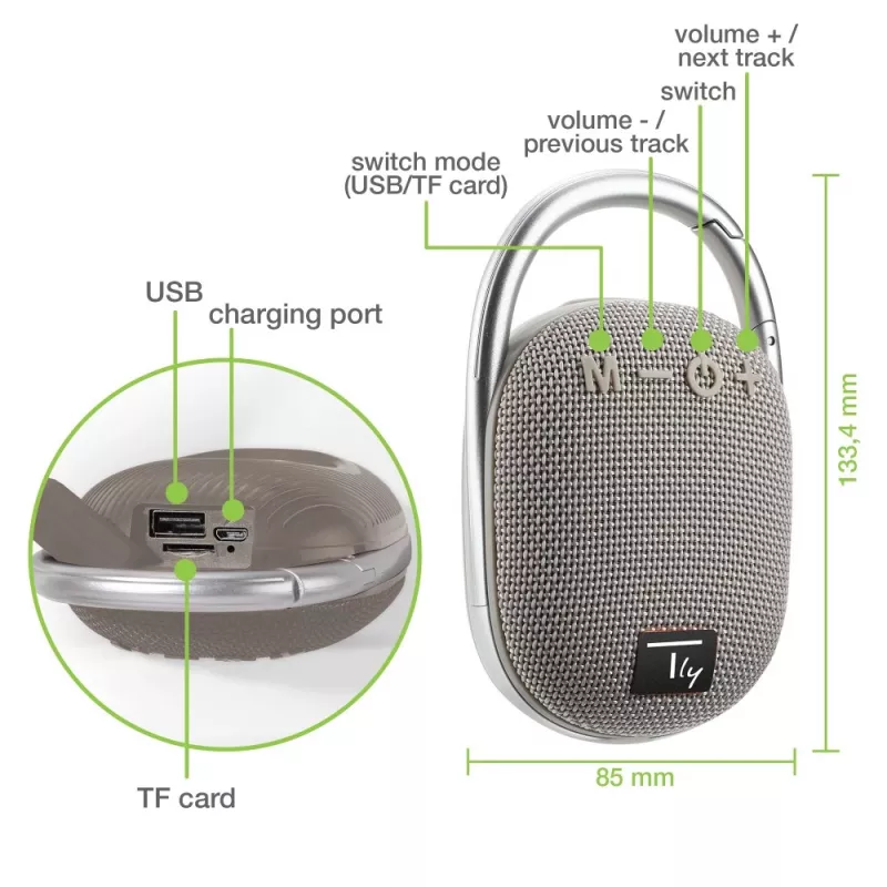 Altifalante portátil/para festas Techly ICASBL321GR mono altifalante portátil cinzento 5 W